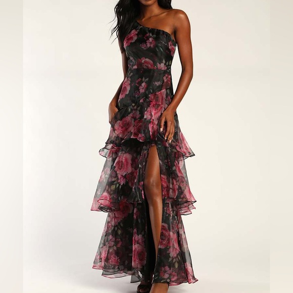 Lulus Dresses & Skirts - NEW lulus black pink regal organza tiered rose floral one shoulder gown dress